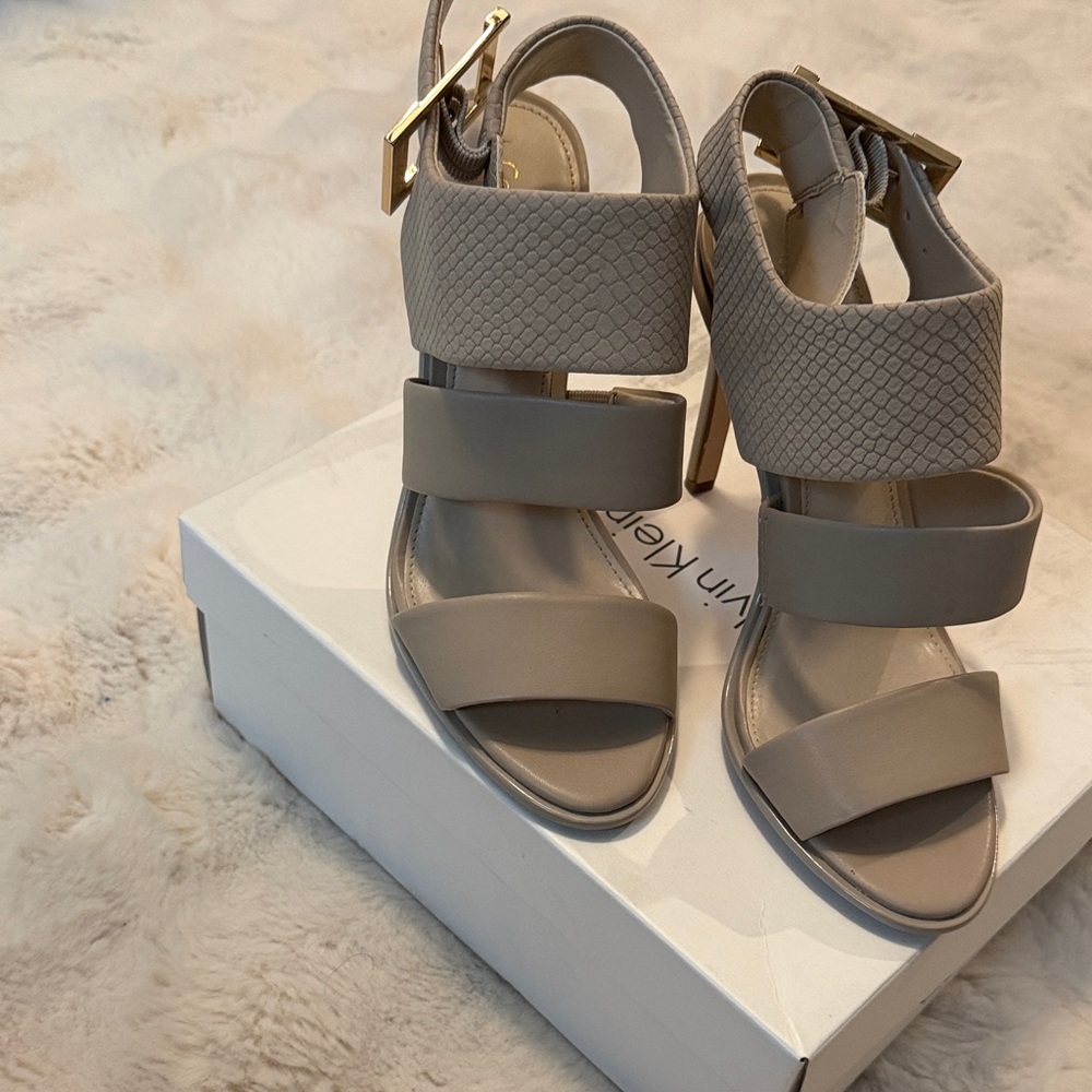 Calvin Klein Taupe Strappy Block Heel Sandals